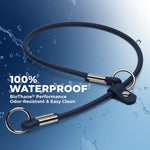 Navy blue slip dog collar with silver hardware on a blue background with water droplets.