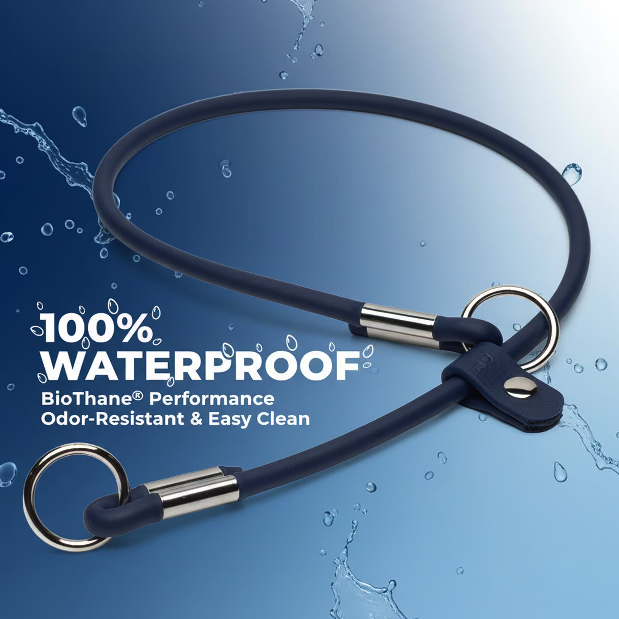 Navy blue slip dog collar with silver hardware on a blue background with water droplets.