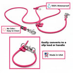 Magenta Biothane rolled hands-free dog leash with features highlighted on a white background