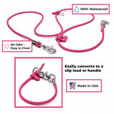 Magenta Biothane rolled hands-free dog leash with features highlighted on a white background