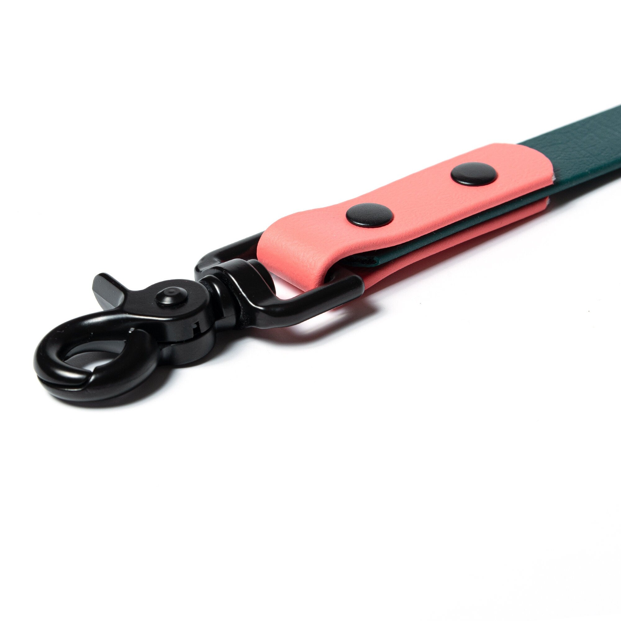 emerald and coral BioThane waterproof coupler hardware in matte black