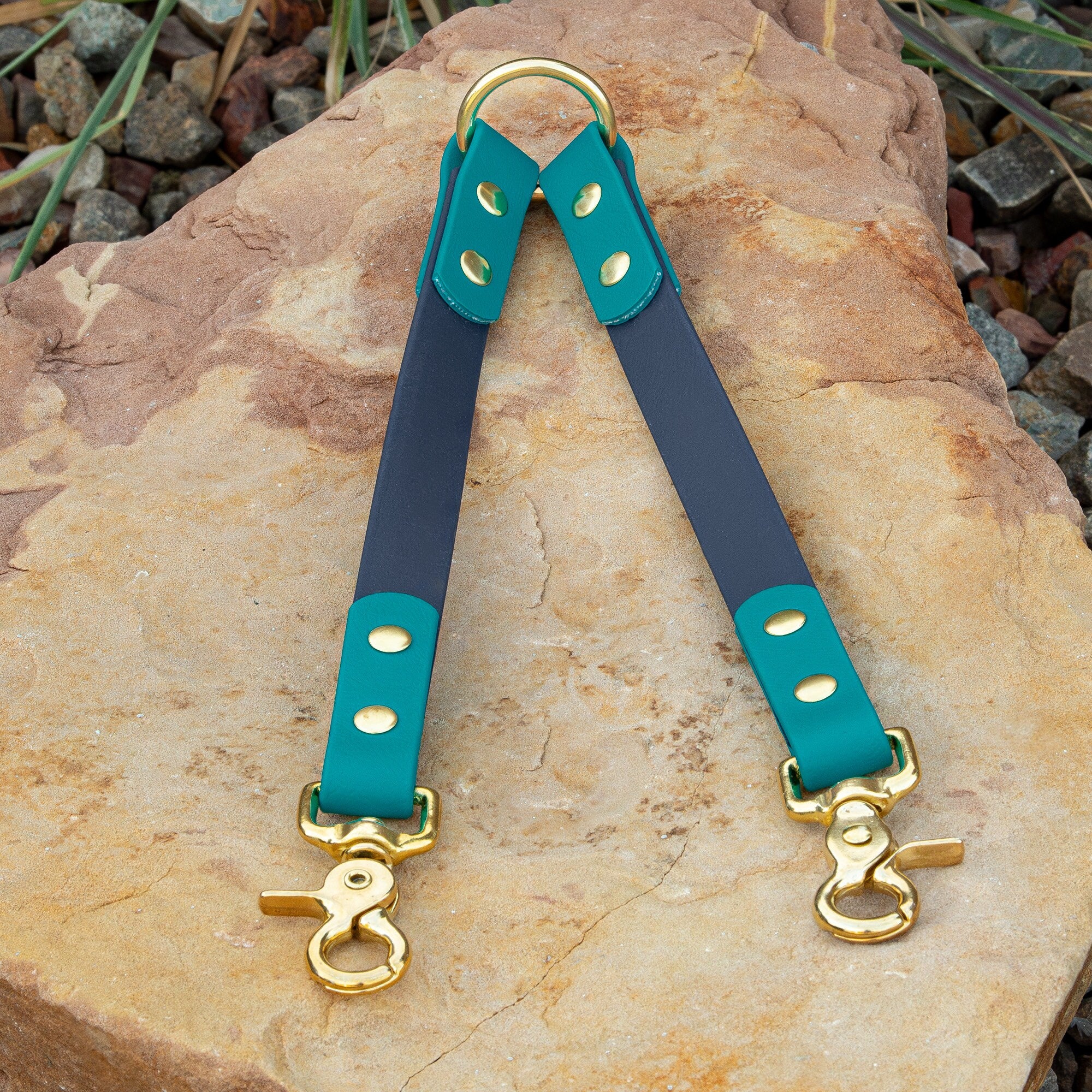 deep sea blue and teal BioThane waterproof couple with solid brass hardware