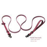 hands free leash in wine color with matte black hardware and an optional traffic handle