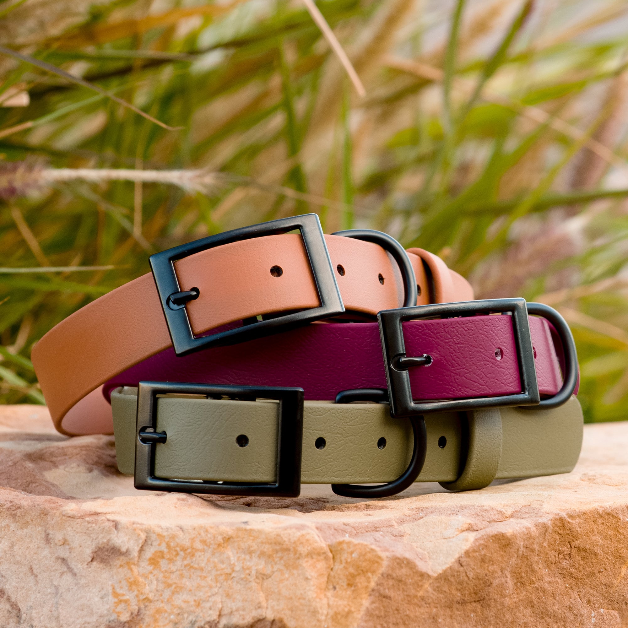 stack of three biothane buckle dog collars in caramel, wine and olive with matte black hardware