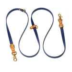 two tone hands free leash in deep sea blue color with caramel color accents with solid brass hardware